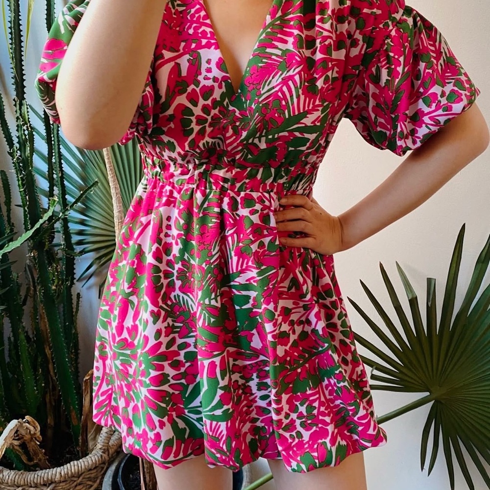 Sugarlips Pink and Green Mini Dress with Puff Sleeves